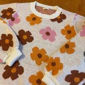 JODIFL Floral Crew Neck Sweater - Pink, Orange, Brown